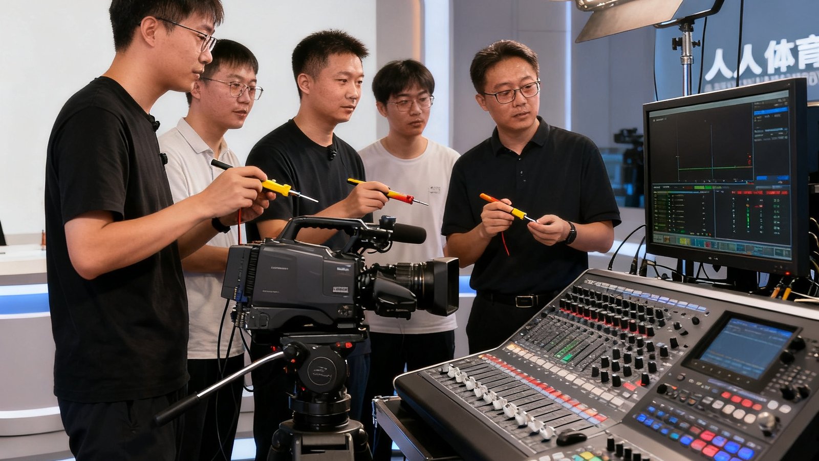 人人体育核心团队在现代化演播室中工作，技术人员调试直播设备